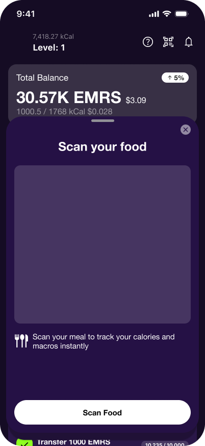 Emorya app food scanner screen for tracking meals and calories