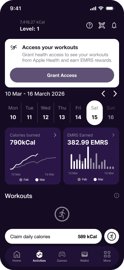 Emorya activities screen with weekly workout and calorie progress views