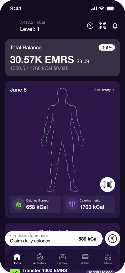 Emorya app dashboard showing total balance, calorie progress, and activity rewards